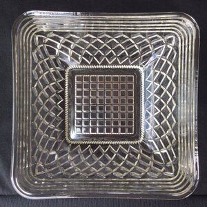 Vintage Clear Cut Glass Square Serving Bowl Dish Geometric Diamonds Retro Ornate